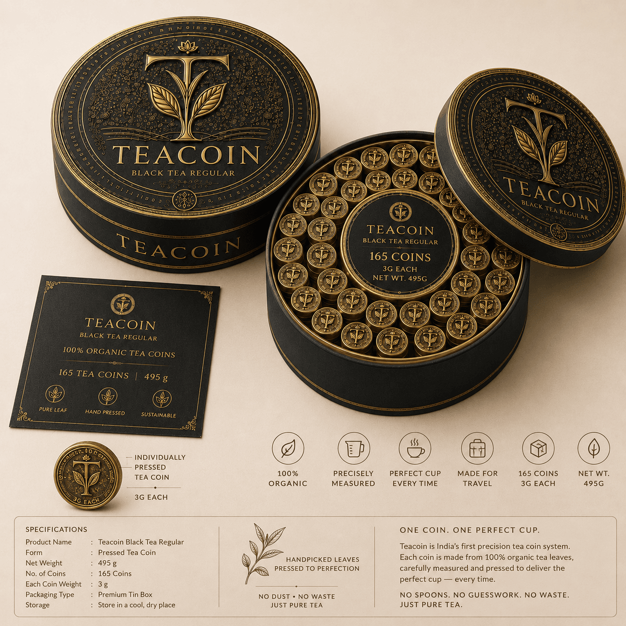 TeaCoin Black Tea Coin — Bold and malty orthodox black tea., 495g / 165 x 3g