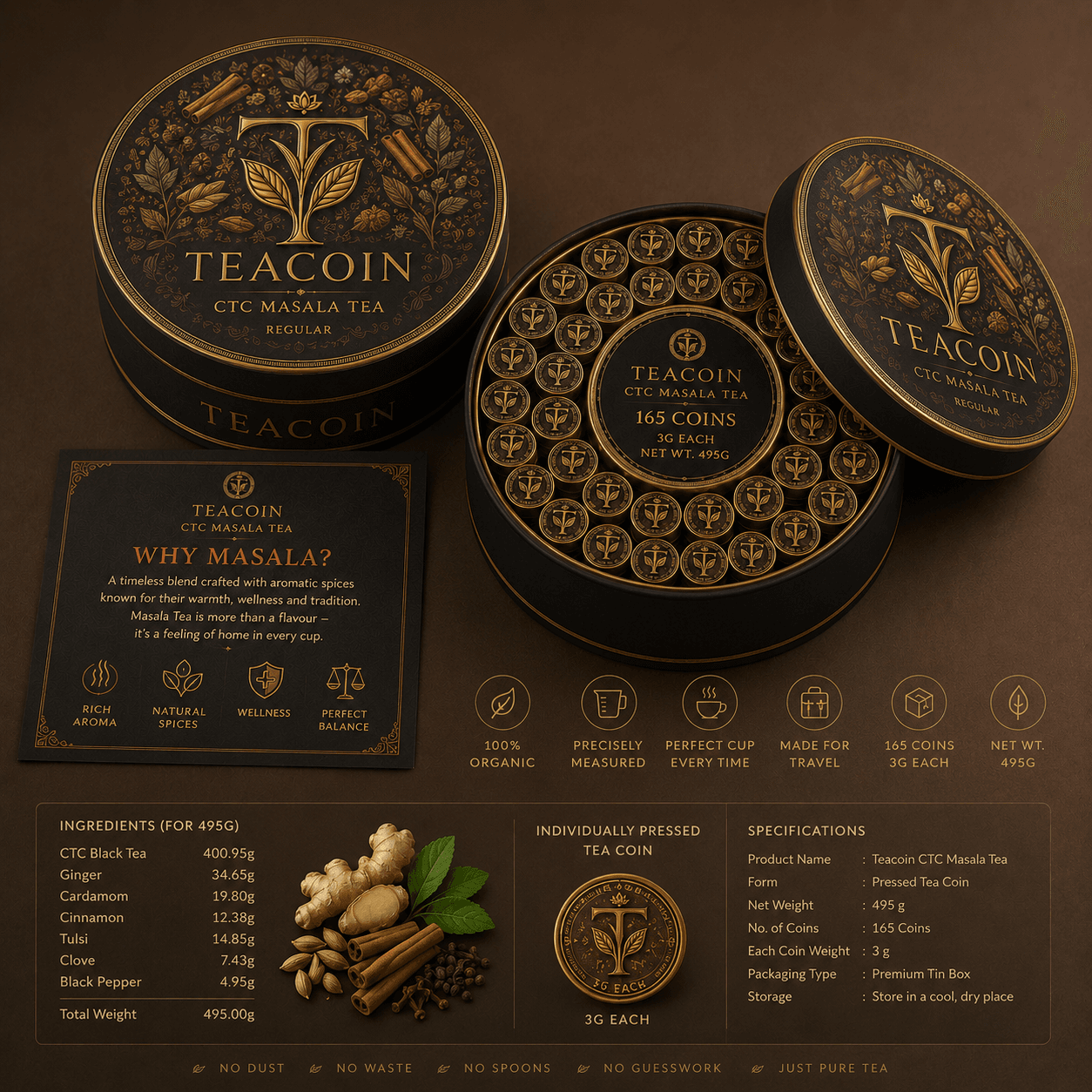 TeaCoin CTC Masala Tea Coin — India's favorite spiced chai., 495g / 165 x 3g