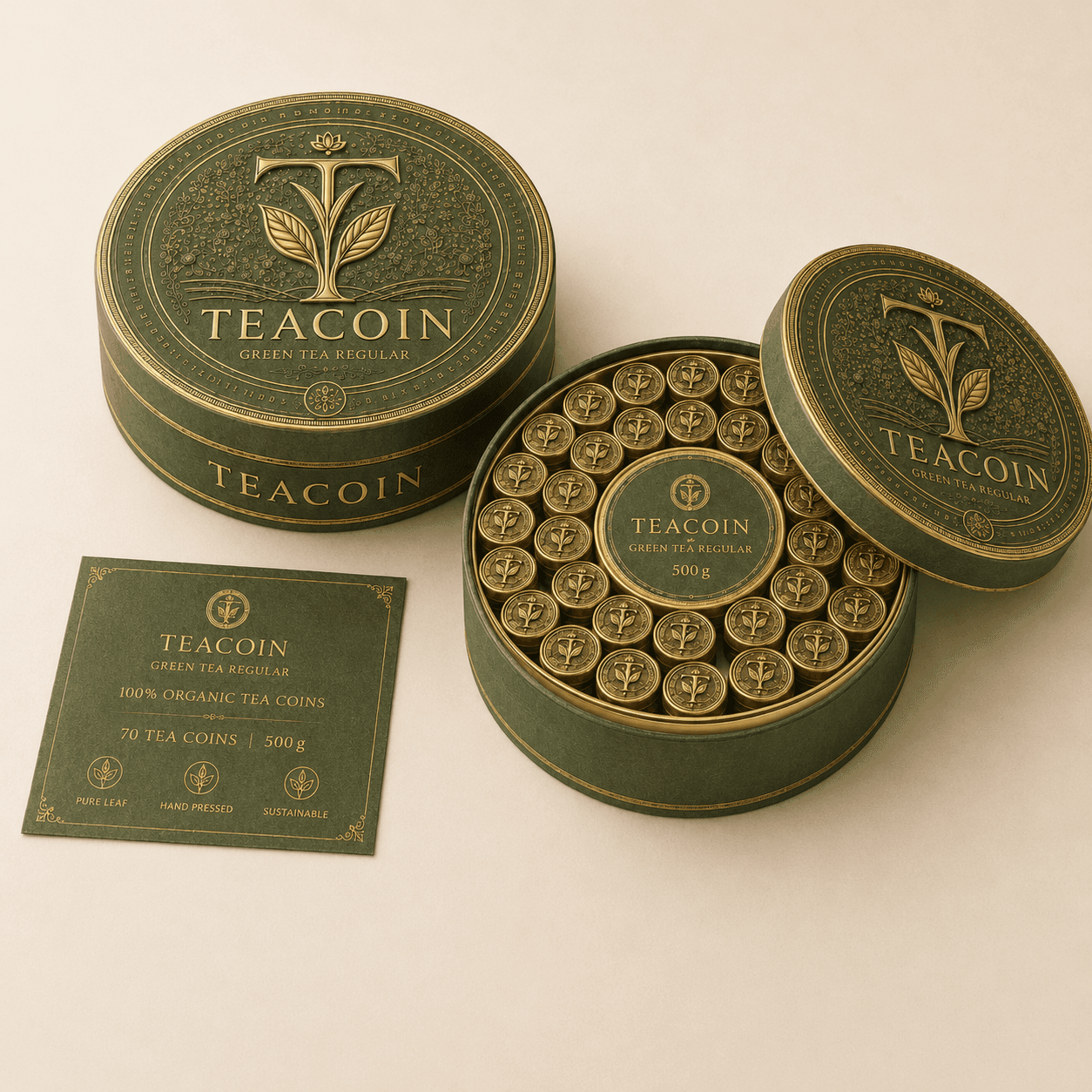 TeaCoin Green Tea Coin — Pure orthodox green tea in measured coins., 495g / 165 x 3g