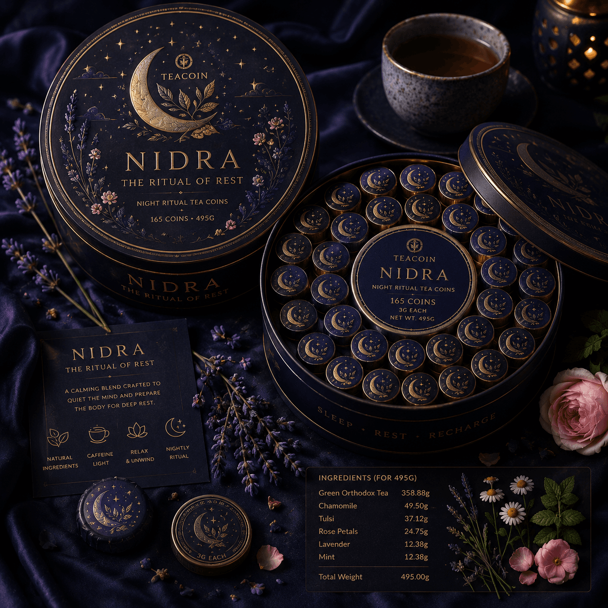 TeaCoin Nidra — End the day beautifully., 495g / 165 x 3g