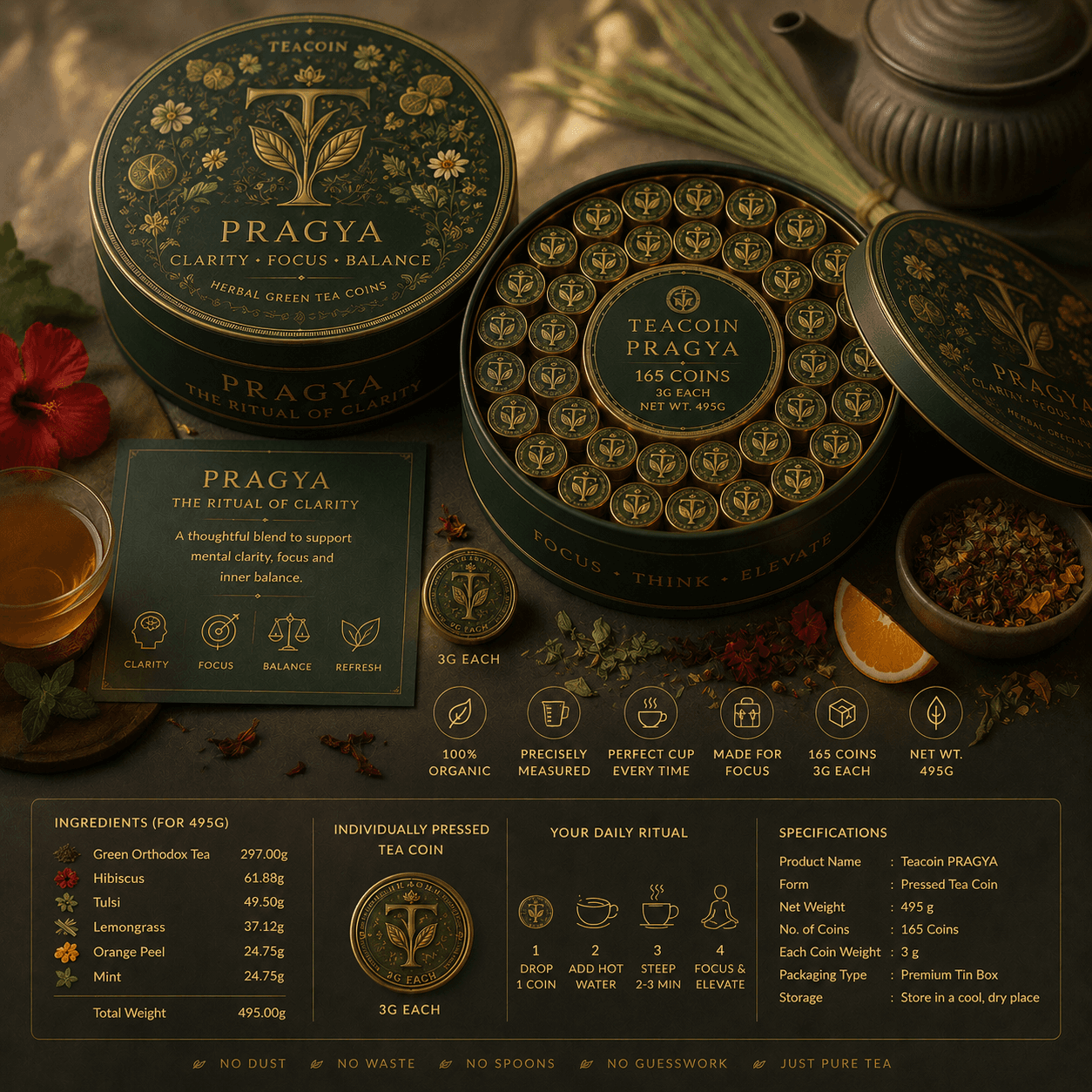 TeaCoin Pragya — Clarity for the mind., 495g / 165 x 3g