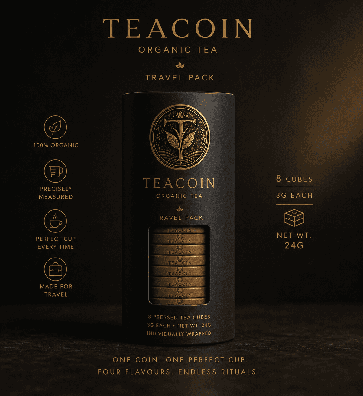 TeaCoin Travel Tea Coin — Your ritual, anywhere., 24g / 8 x 3g